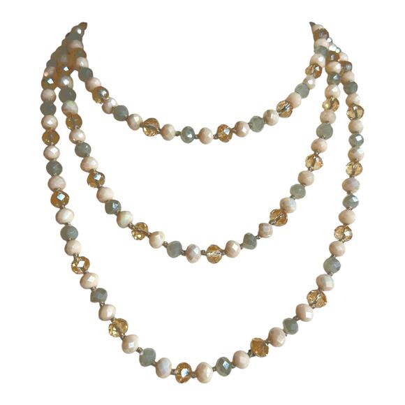 Light Gray Cream Gold Tones Sparkly Faceted Beaded Flapper Length Necklace - Picture 2 of 4